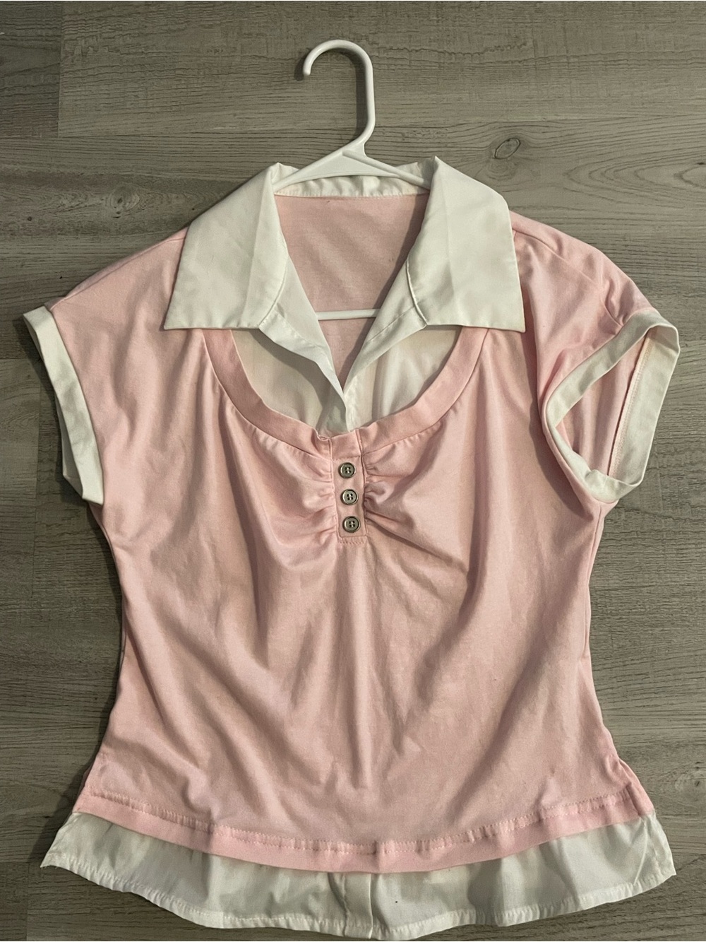 SHEIN Pink Short Sleeve Polo Blouse with White Contrast Collar